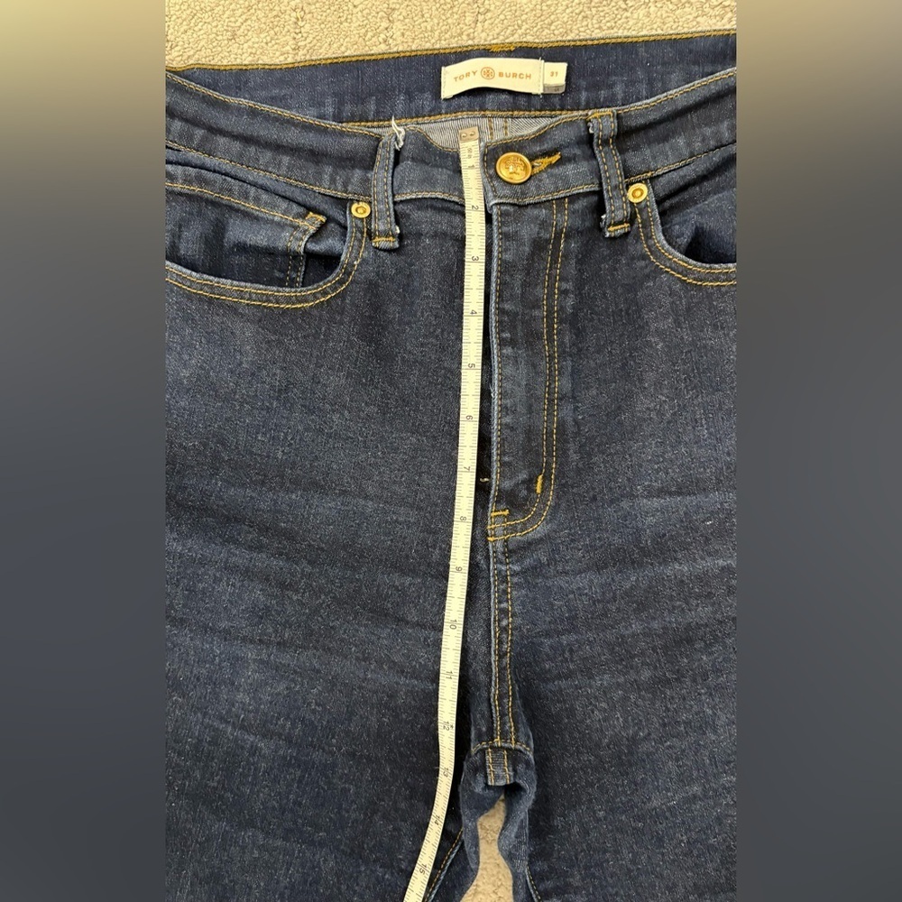 Tory Burch High Rise Dark Wash Ankle Jeans 5 Pocket Zipper Botton Cotton Blend - Picture 3 of 9